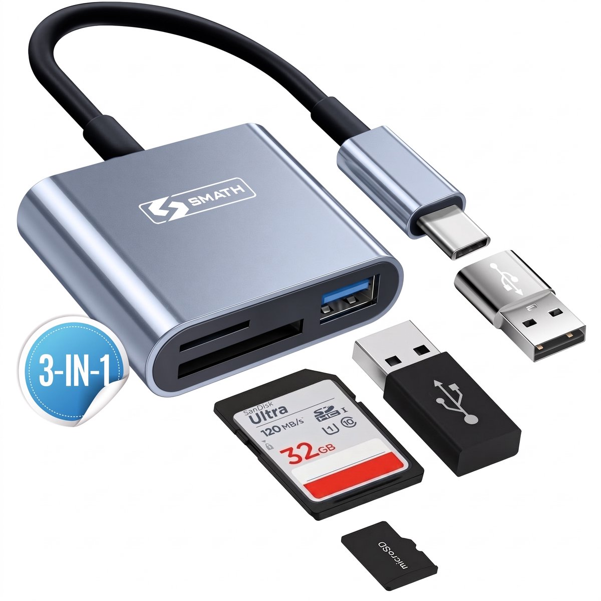 Smath® SD Kaart Lezer 3 in 1 - Micro SD en TF Card Reader - Geheugenkaartlezer USB C - Inclusief USB C naar USB A Converter - Geschikt voor Macbook Air en Pro - Windows - Universeel - Aluminium