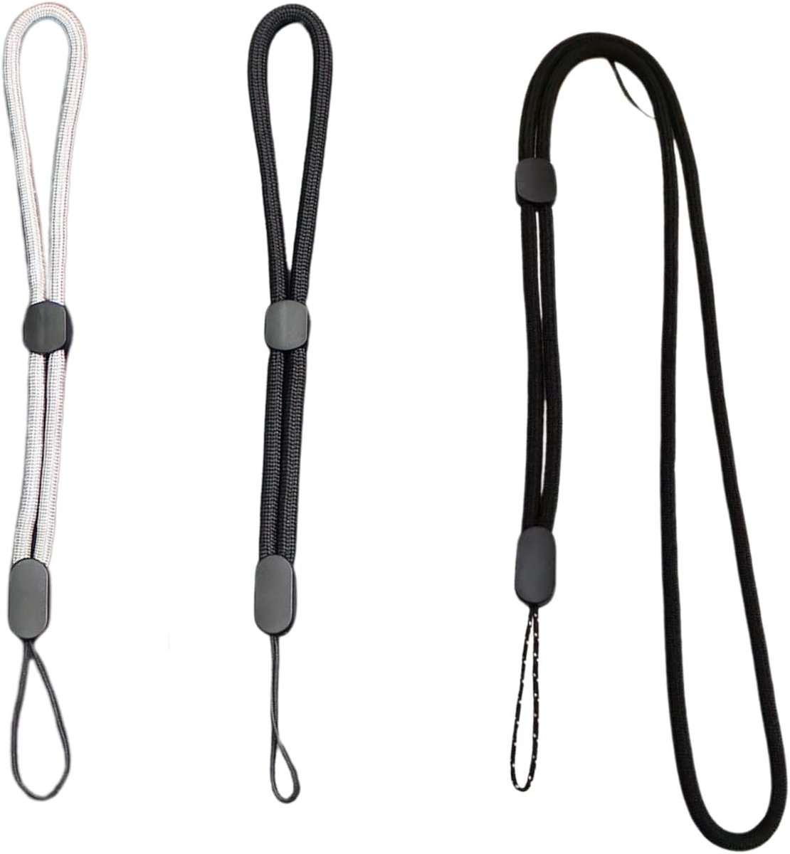 Thijox - Set van 3 Verstelbare Lanyards voor Mobiele Telefoon, Nylon Lanyards voor Smartphones, Camera's, Sleutels, Grijs & Zwart, 20cm en 42cm
