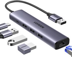 Ugreen - Multifunctionele HUB Adapter - USB 3.0 - 3x USB - Ethernet RJ-45 - USB-C PD - Grijs