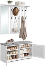Conway Living® Multifunctionele Kapstok Inclusief Zitkussen – Wit – Met Spiegel - Wandkapstok en Schoenenrek – Schoenenkast - Wit - 10 Dubbele haken - Geschikt voor 12 paar schoenen -