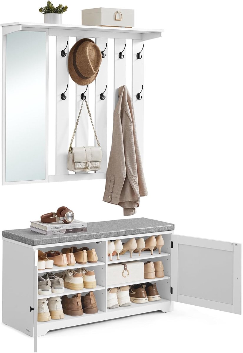 Conway Living® Multifunctionele Kapstok Inclusief Zitkussen – Wit – Met Spiegel - Wandkapstok en Schoenenrek – Schoenenkast - Wit - 10 Dubbele haken - Geschikt voor 12 paar schoenen -