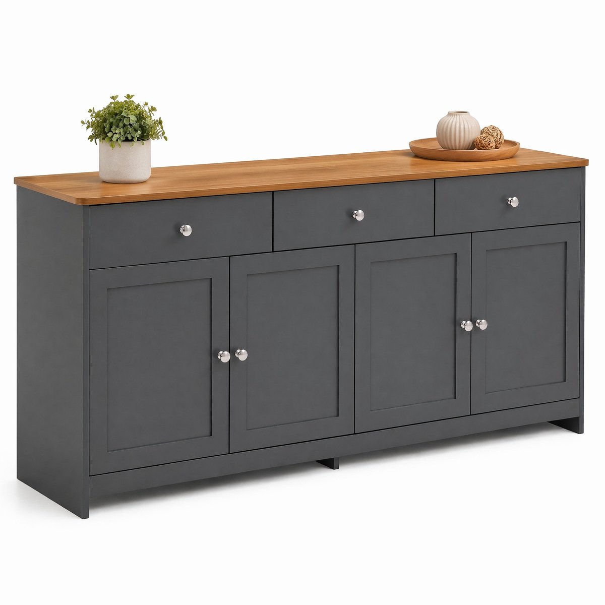 COVREO Buffetkast 160 x 37 x 75 cm - 4 deuren, 3 lades, verstelbare planken, grijszwart