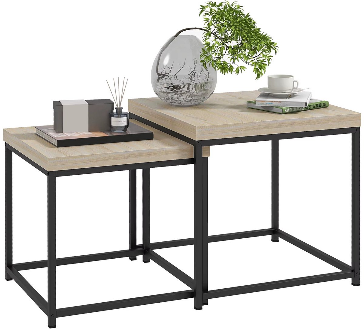 JOYNEXTBUY - Bijzettafel Set van 2 - Vierkante Salontafels - Stalen Frame & Houtlook Blad - Industriële Tafels voor Woonkamer