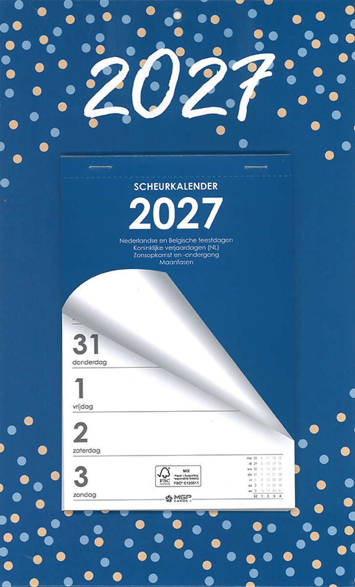 MGPcards - Week Scheurkalender 2027 - Week begint op maandag - 21 x 34 cm - Blauw - Stip