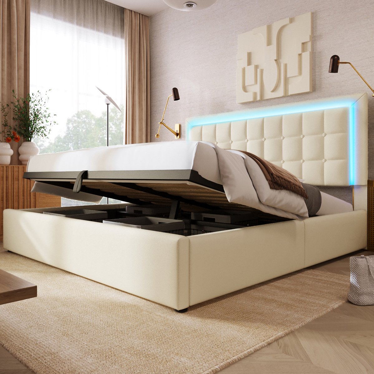 OKWISH Bed 160x200 cm - Met Ledverlichting en Hydraulische Opbergruimte - Met Lattenbodem - Tweepersoons - Kunstleer - Wit - Zonder Matras
