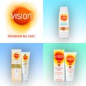 Collage met Vision zonnebrandproducten: Clear & Dry Transparante Gel, Face Fluid en Ski & Sport.