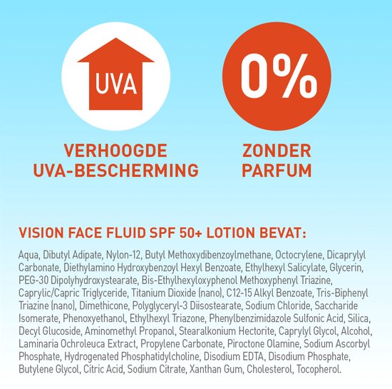 Iconen voor UVA en 0% parfum. Tekst over verhoogde UVA-bescherming en zonder parfum.