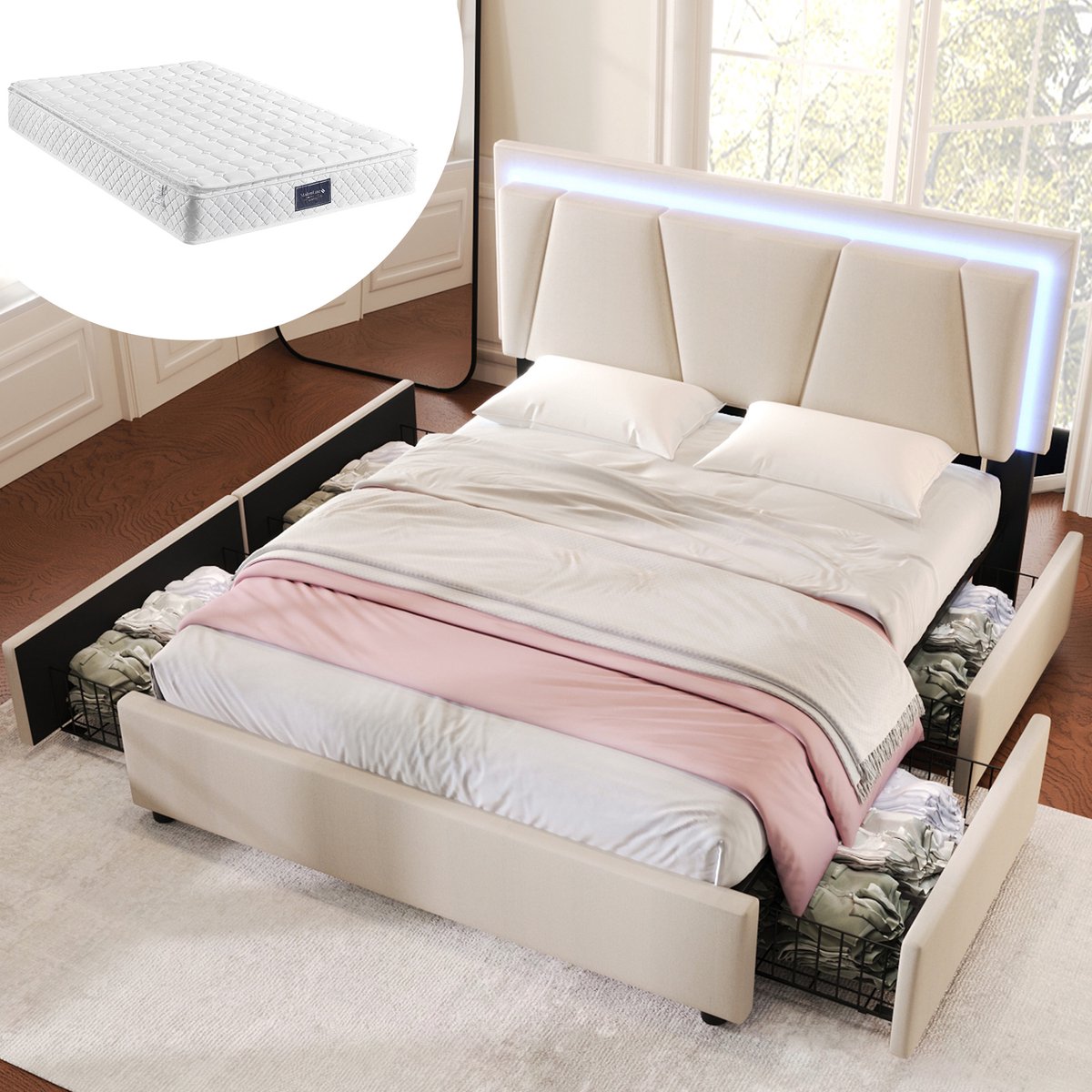 OKWISH Bed 160x200 cm - Met Ledverlichting en Verstelbaar Hoofdbord - 4 Lades met Opbergruimte - Tweepersoons in Stof en Hout - Beige - Met Matras