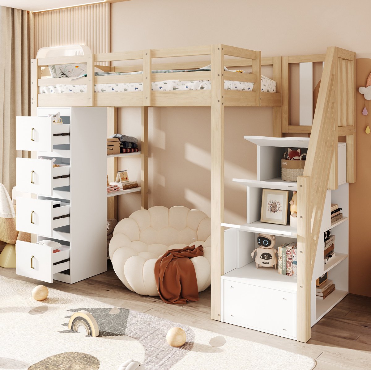 OKWISH Hoogslaper 90x200 cm - Met Veiligheidsladder en Opbergruimte - Met 4 Laden en 3-Vaks Rek - Voor Kinderkamer - Houtkleur - Zonder Matras
