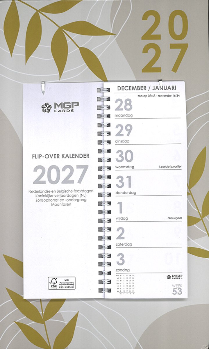 MGPcards - Omlegweekkalender 2027 - Week begint op maandag - Week kalender - 21 x 34 cm - Beige - Bladeren