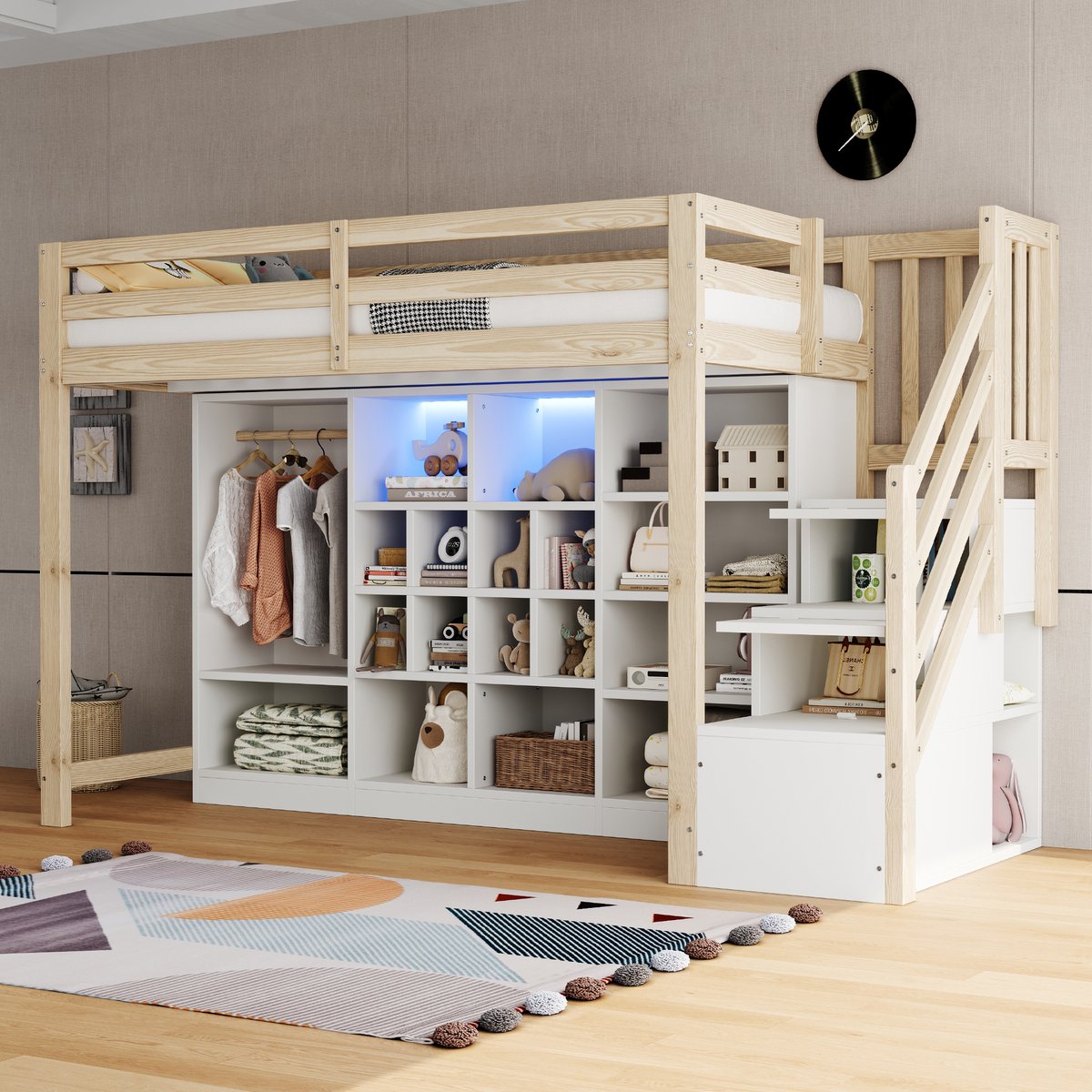 KOMHTOM - Hoogslaper - 90 x 200 cm - Houten bedframe met opbergkasten en geïntegreerde zijdelingse ladder - LED-verlichting - Houtkleur