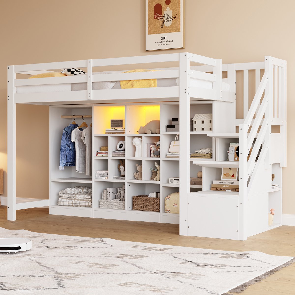 KOMHTOM - Hoogslaper - 90 x 200 cm - Houten bedframe met opbergkasten en geïntegreerde zijdelingse ladder - LED-verlichting - Wit
