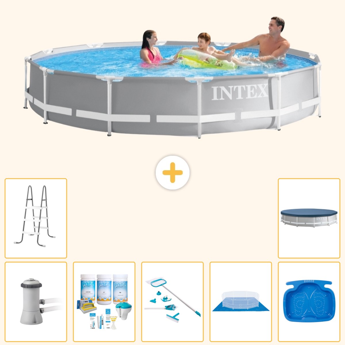 Intex Rond Prism Frame Zwembad - 366 x 76 cm - Grijs - Inclusief Pomp - Onderhoudspakket - Schoonmaakset - Grondzeil - Voetenbad - Ladder - Afdekzeil - 8-delig