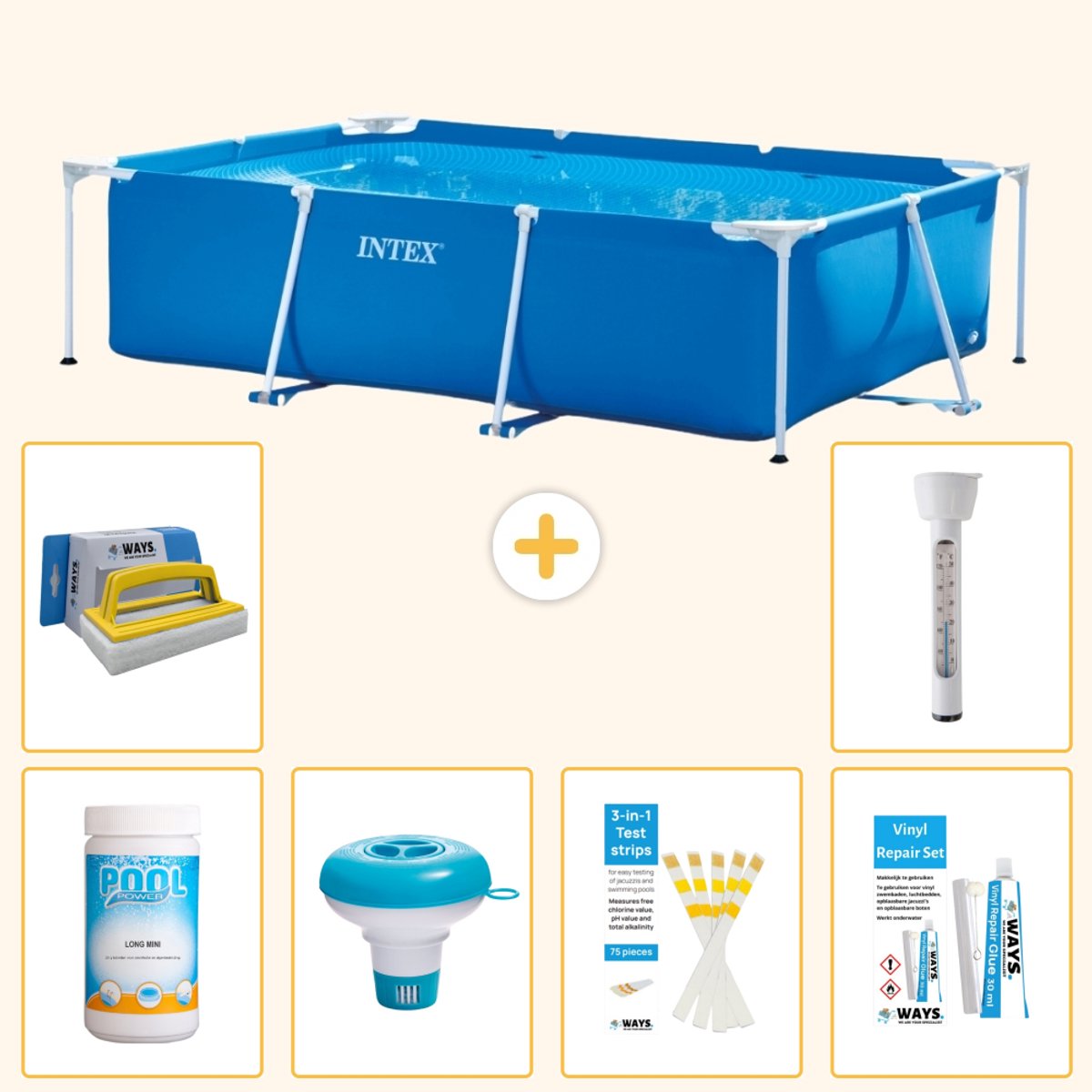 Intex Rechthoekig Frame Zwembad - 300 x 200 x 75 cm - Blauw - Inclusief Chloor - Chloordrijver - Testrips - Reparatiesetje - Scrubborstel - Thermometer - 7-delig