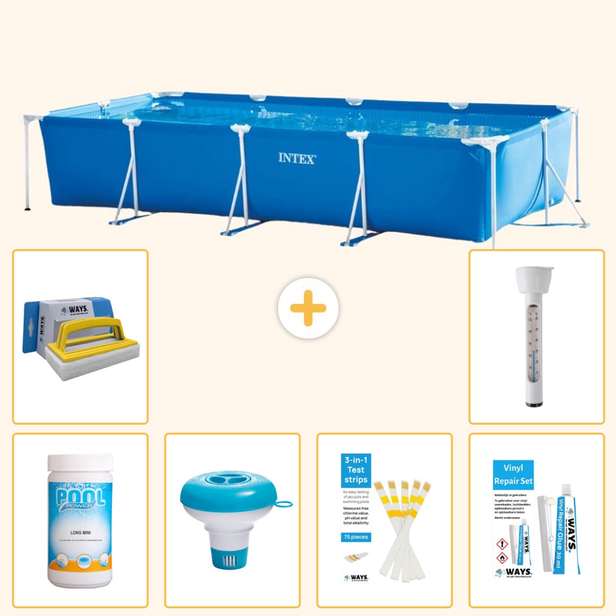 Intex Rechthoekig Frame Zwembad - 450 x 220 x 84 cm - Blauw - Inclusief Chloor - Chloordrijver - Testrips - Reparatiesetje - Scrubborstel - Thermometer - 7-delig