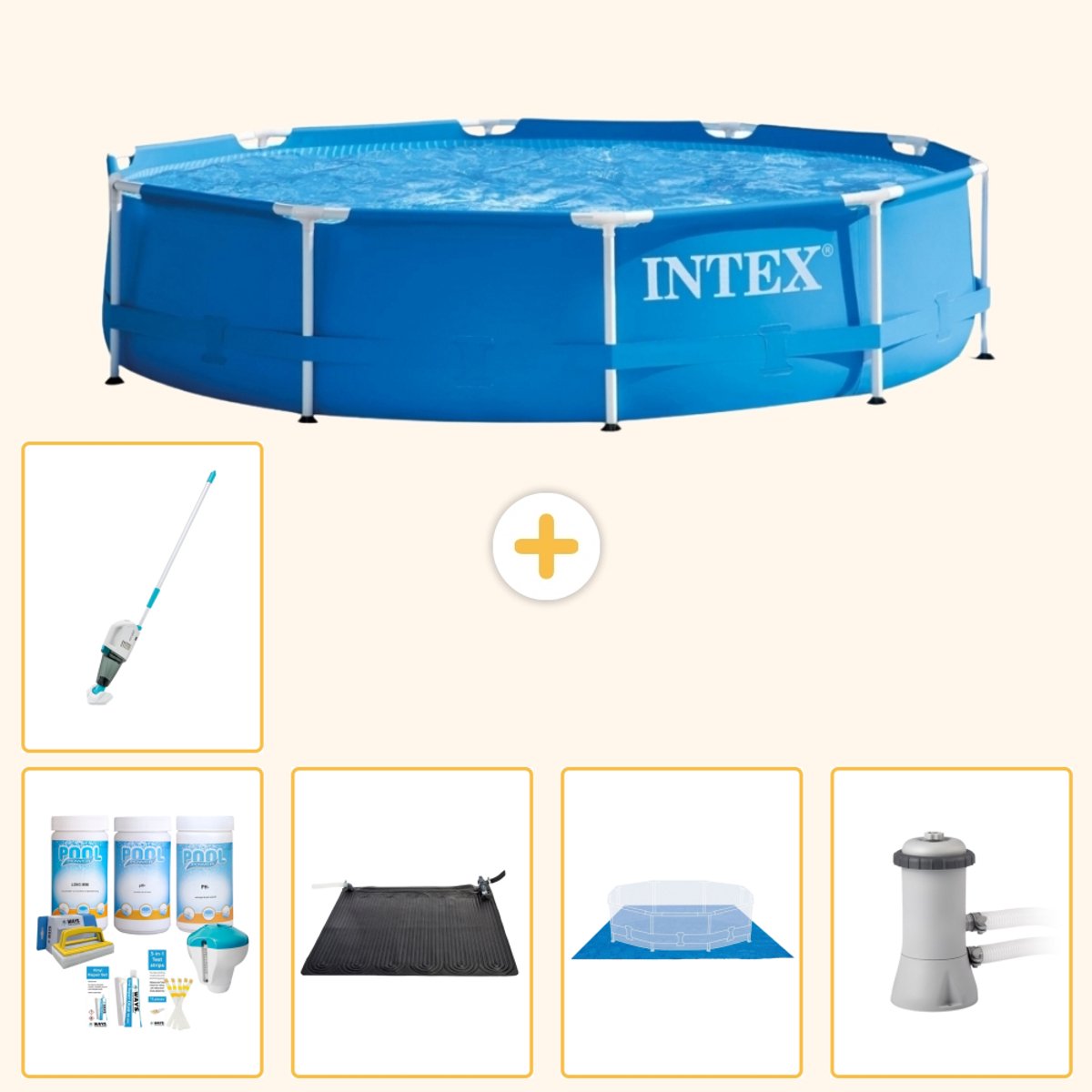 Intex Rond Frame Zwembad - 366 x 76 cm - Blauw - Inclusief Onderhoudspakket - Solar Mat - Grondzeil - Zwembadfilterpomp - Stofzuiger - 6-delig