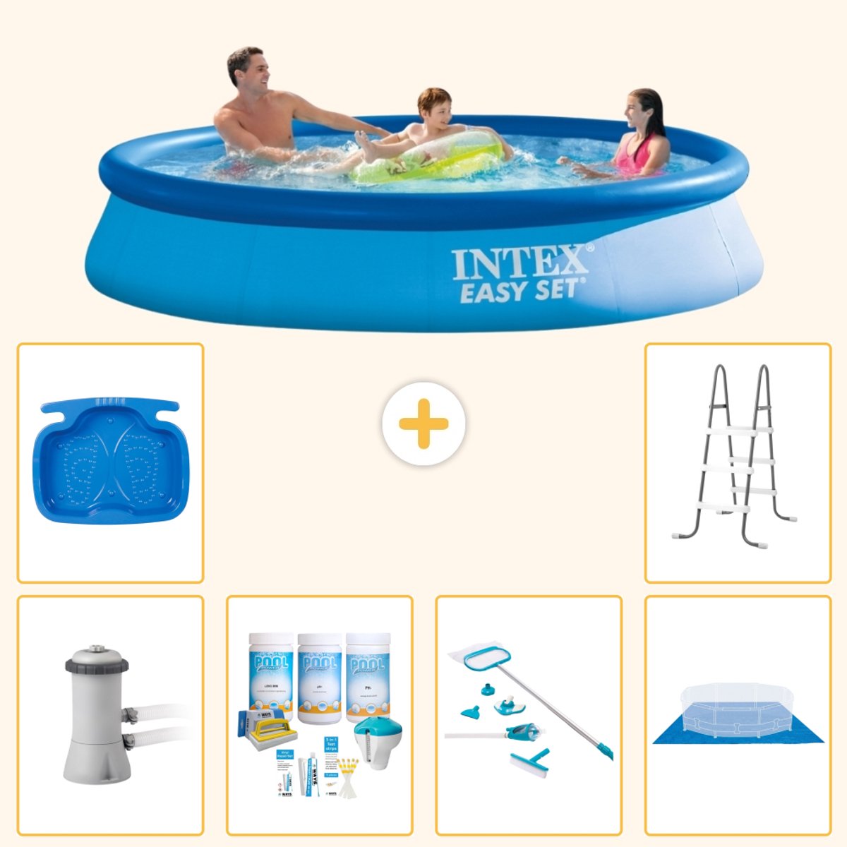 Intex Rond Opblaasbaar Easy Set Zwembad - 366 x 76 cm - Blauw - Inclusief Pomp - Onderhoudspakket - Schoonmaakset - Grondzeil - Voetenbad - Ladder - 7-delig