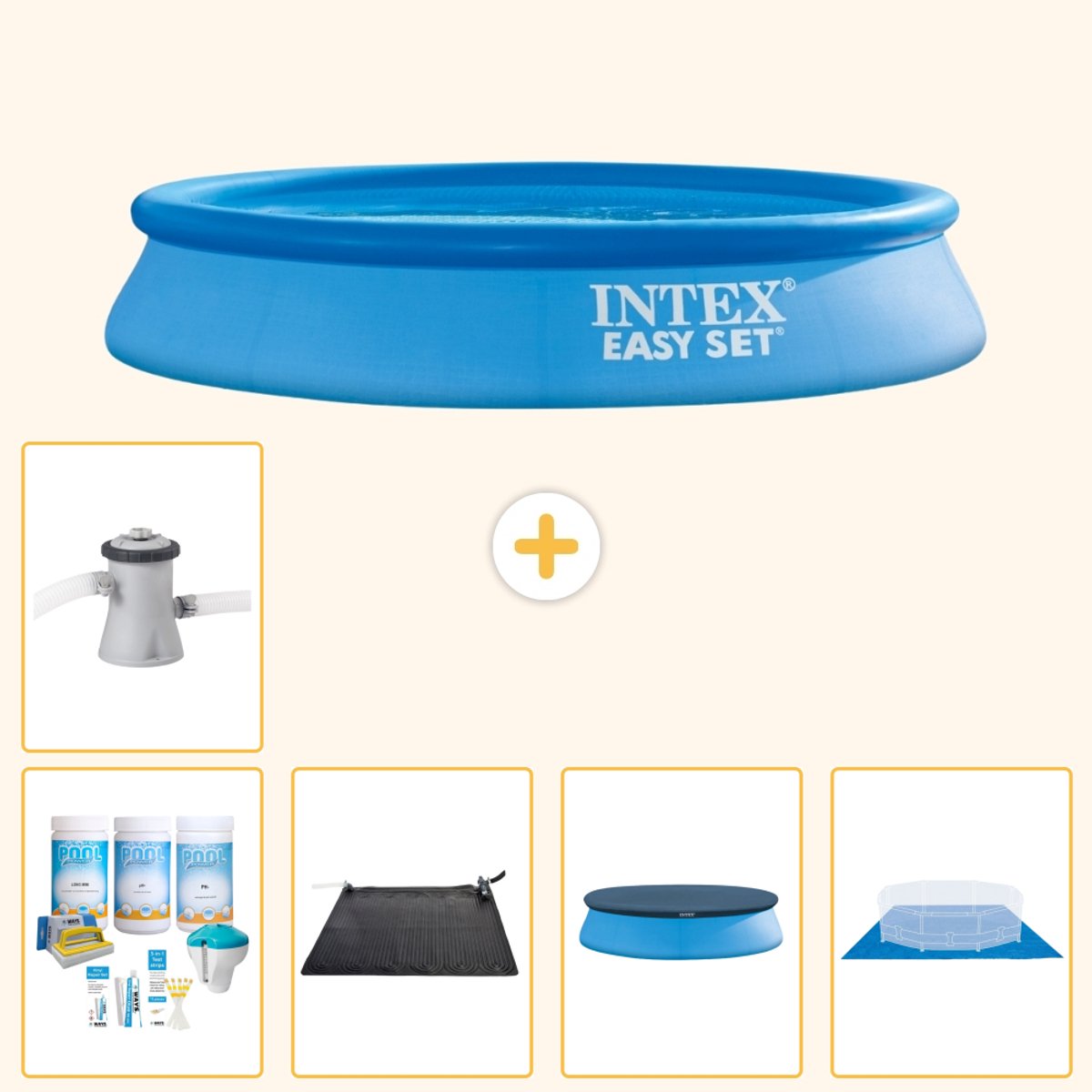 Intex Rond Opblaasbaar Easy Set Zwembad - 305 x 61 cm - Blauw - Inclusief Onderhoudspakket - Solar Mat - Afdekzeil - Grondzeil - Zwembadfilterpomp - 6-delig