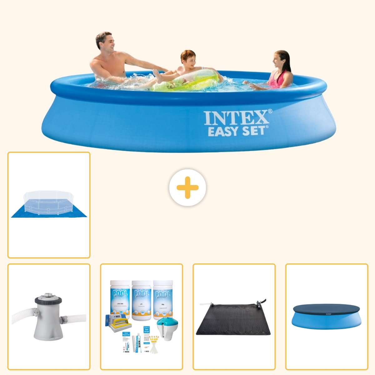 Intex Rond Opblaasbaar Easy Set Zwembad - 305 x 61 cm - Blauw - Inclusief Pomp - Onderhoudspakket - Solar Mat - Afdekzeil - Grondzeil - 6-delig