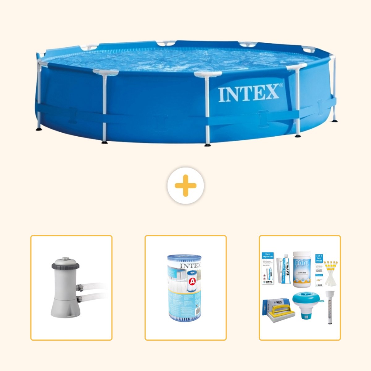Intex Rond Frame Zwembad - 366 x 76 cm - Blauw - Inclusief Zwembadfilterpomp - Filter - Onderhoudspakket - 4-delig