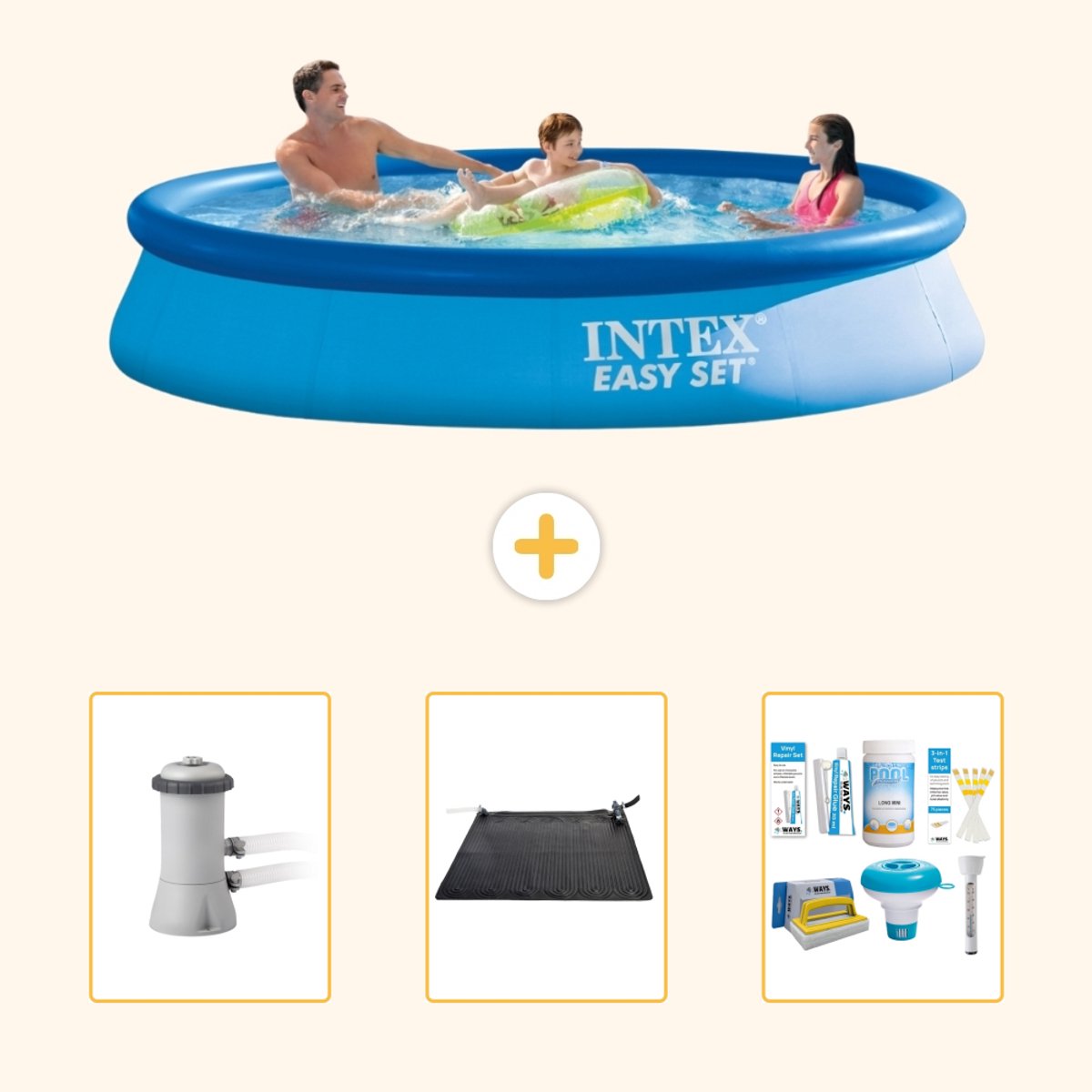 Intex Rond Opblaasbaar Easy Set Zwembad - 366 x 76 cm - Blauw - Inclusief Pomp - Solar Mat - Onderhoudspakket - 4-delig