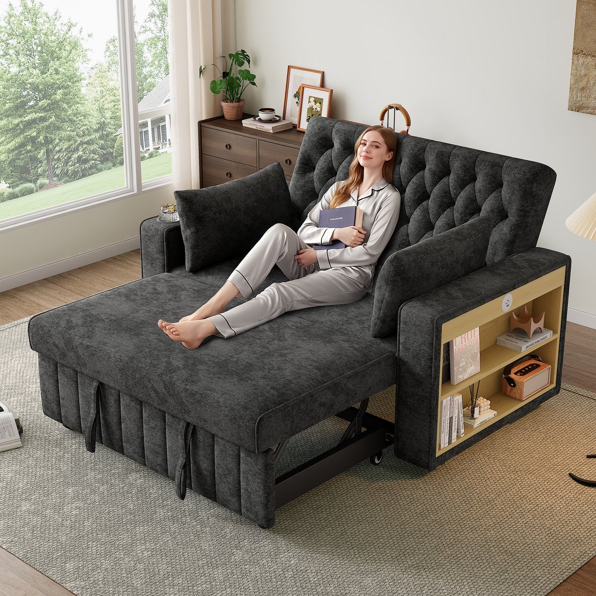 TRUVIX Slaapbank met Slaapfunctie 111.99x58.5x31.98 cm - Grijs - USB, Lades, Verstelbaar, Opbergruimte, Klapbaar - Chenille