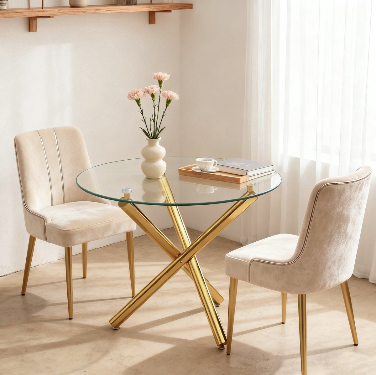 OKWISH Eettafel - Rond Gehard Glazen Tafelblad - 80 x 80 x 77 cm - Voor 2 Tot 4 Personen - Gouden Metalen Kruispoot - Modern