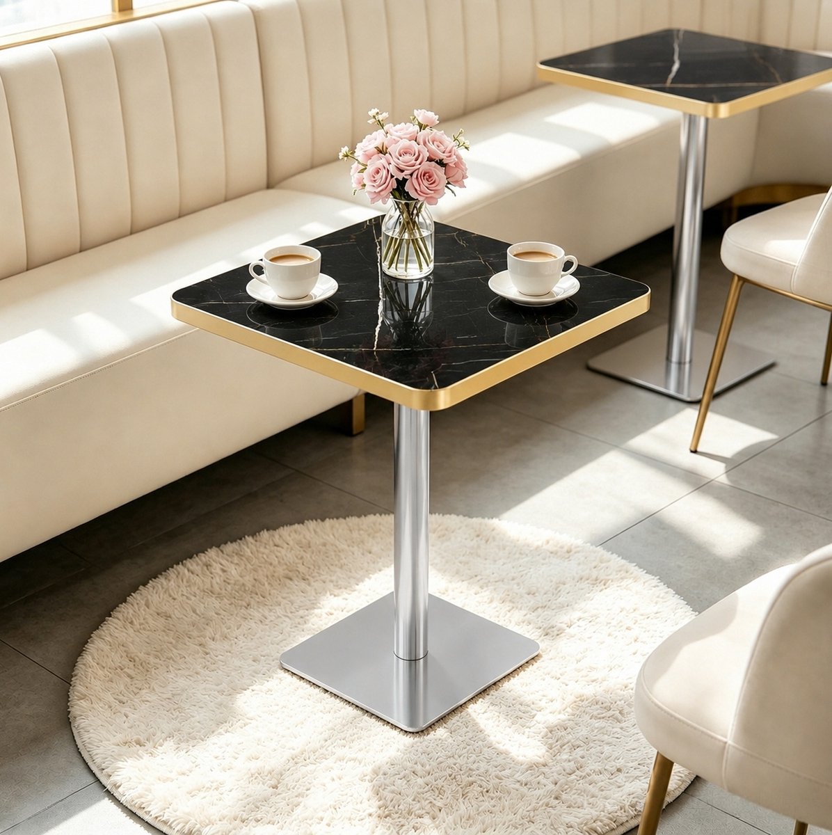 OKWISH Eettafel - Vierkante Marmerlook Tafel Voor Eethoek Of Café - 60 x 60 x 74 cm - Voor 2 Tot 4 Personen - MDF Zwart Met Metaal