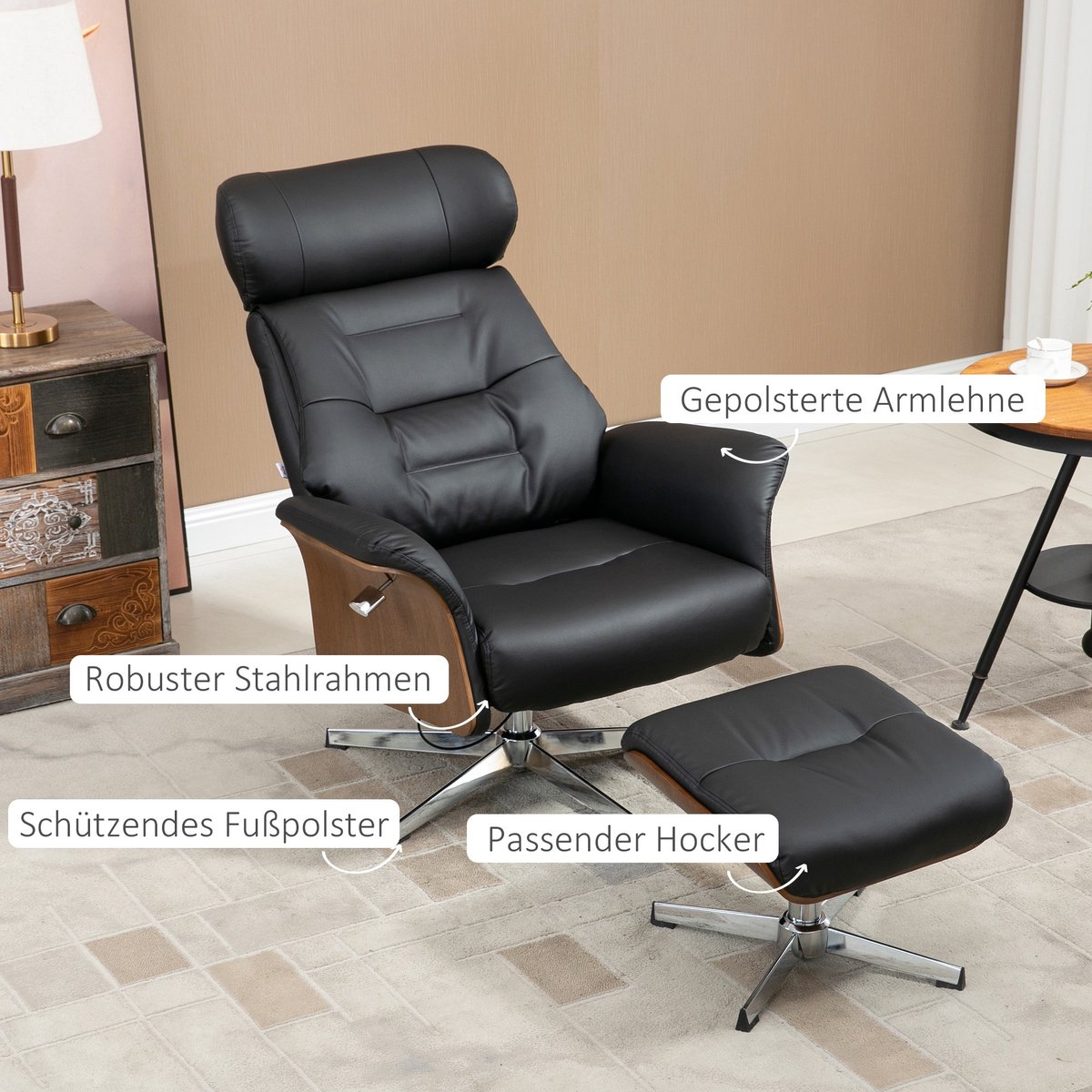YYchan fauteuil met voetenbank - zwart - 80 x 84 x 108 cm