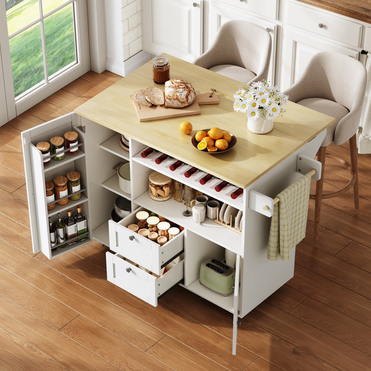 OKWISH Keukenkast - Keukeneiland Wagen Met Klapbaar Werkblad - 104 x 69 x 89 cm - 2 Lades