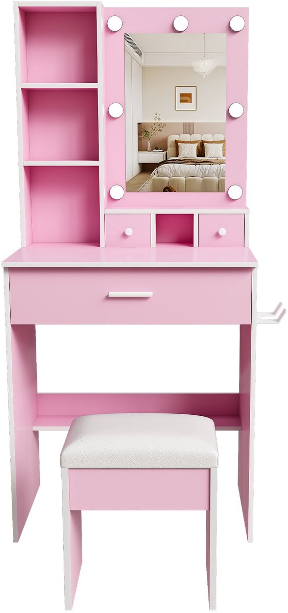 YYchan kaptafel - roze - 60 x 38 x 132 cm - met opbergruimte - met LED-verlichting - met stopcontact