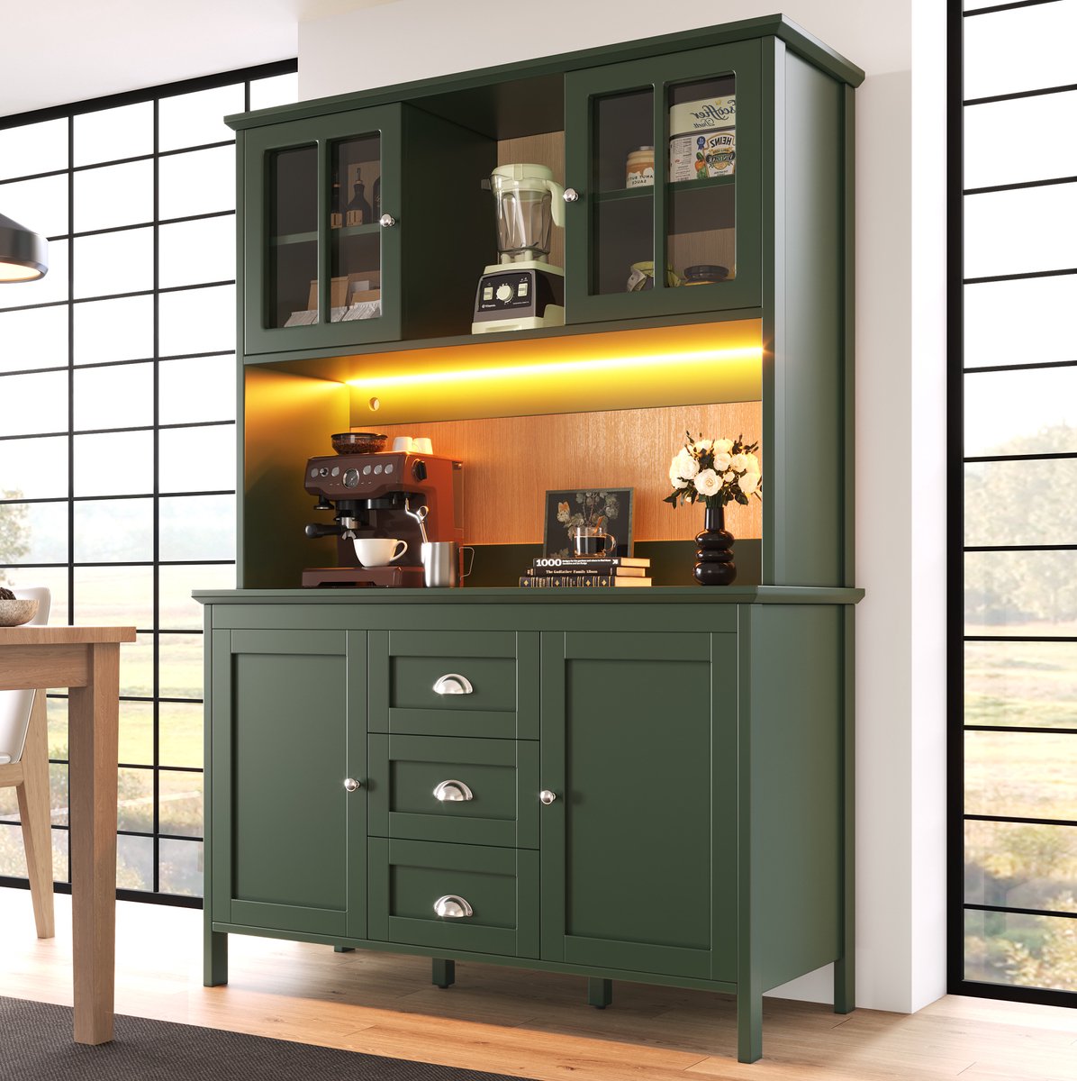 OKWISH Keukenkast - Hoge Opbergkast Met LED-Verlichting En Bruine Glazen Deuren - 120 x 40 x 179 cm - Laden En Kastruimte - MDF Groen