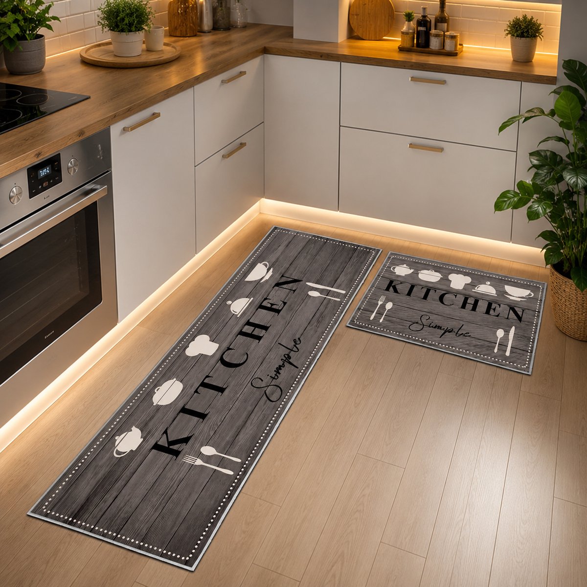 Antislip Keukenmatten Set 2 Stuks - Wasbare Vloermatten Met Schuifstickers - 40x60 + 40x120 cm - Comfortabel Staan, Onderhoudsvriendelijk