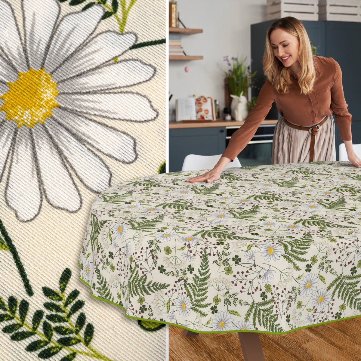 ANRO Tafelkleed Kamille Groen Ovaal 160x140cm Met sierband Afwasbaar Waterafstotend Binnen & Buiten
