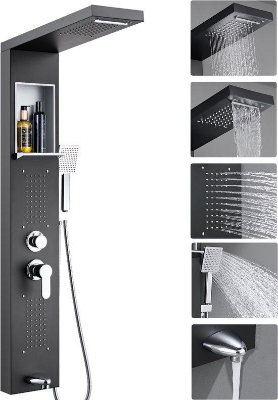 Zwart douchepaneel met regendouche, waterval, massage jets, handdouche en badkraan.