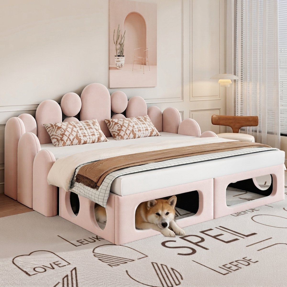 Slaapbank 2 Persoons 180x200 – Gestoffeerd Bed van Fluweel met Huisdierenbed, Lattenbodem en Rugleuning – Multifunctioneel – Roze
