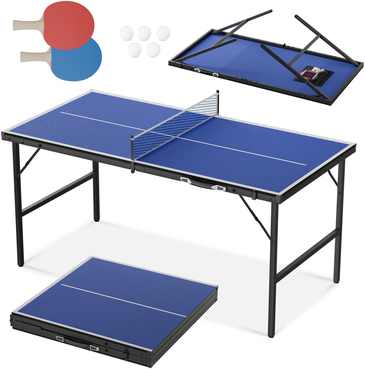 Tafeltennistafel - 152,5x76 cm - Inklapbare Mini Pingpongtafel - Compact Set - Met 2 Batjes, 5 Ballen & 1 Net - Geschikt voor Binnen en Overdachte Buitenruimten - Blauw - NAIZY