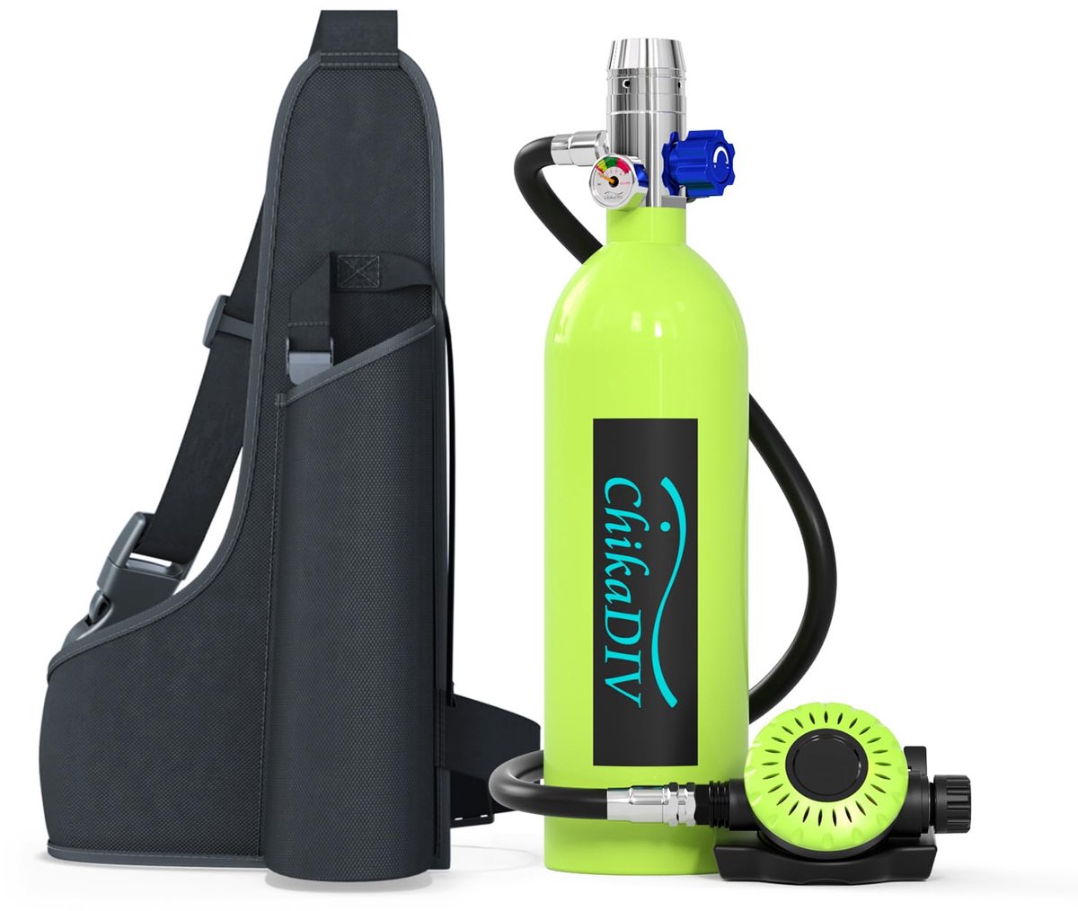 Mini duikfles-Draagbare persluchtfles met drukmeter-1 L-75 ademhalingen-200 bar-Snorkelen en noodsituaties-36 x 7,6 x 8,9 cm-Groen