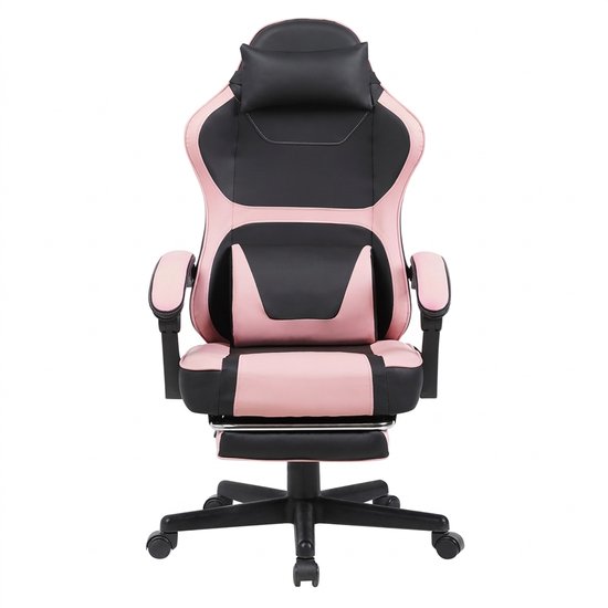 Frontale weergave van een roze en zwarte gamingstoel met hoofdsteun en voetensteun.