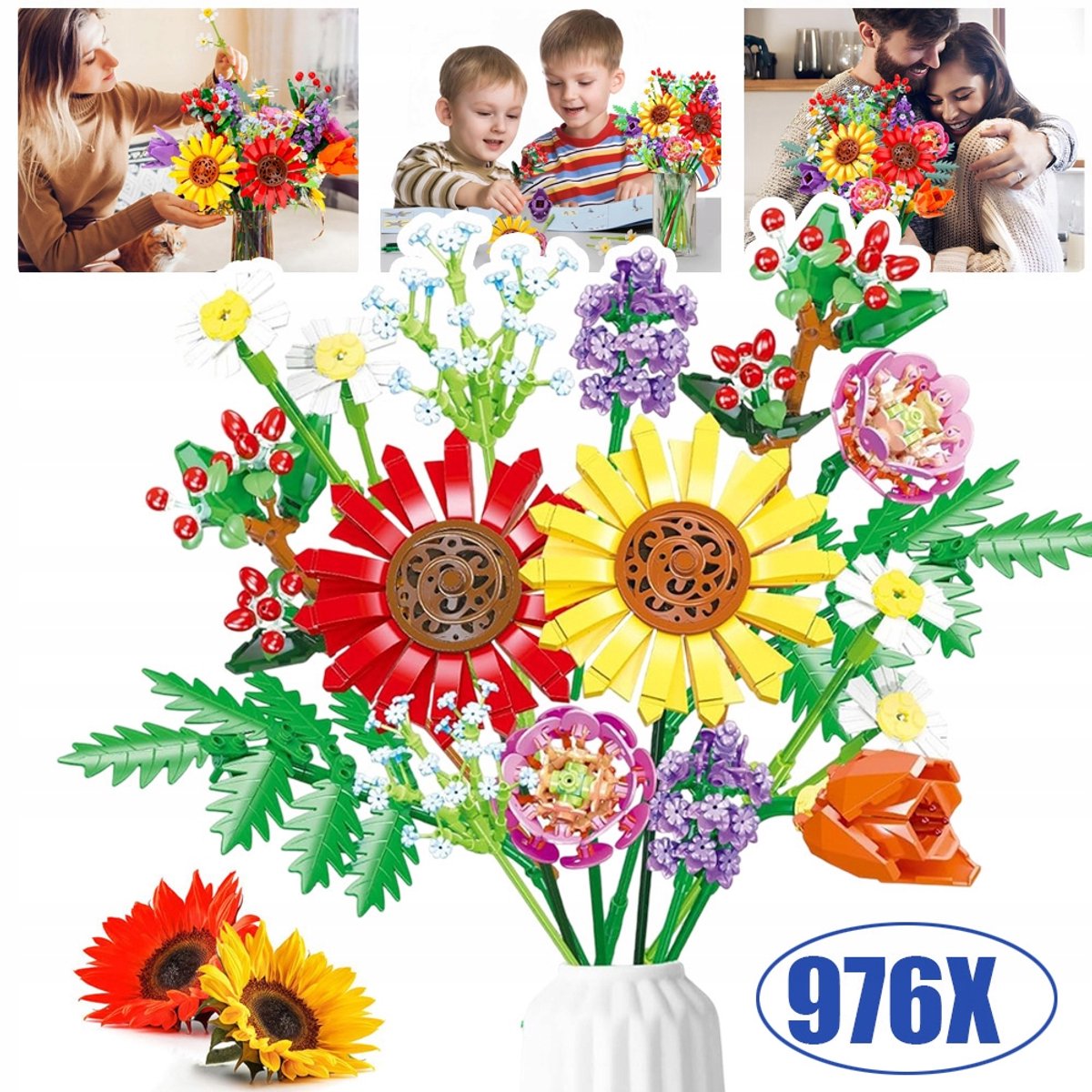 Boeket Bouwblokken Set Met 17 Kunstbloemen in Heldere Kleuren En Gesimuleerde Vormen - 976 Onderdelen ABS-Plastic - DIY Decoratieve Arrangement - Ideaal Cadeau Voor Moederdag Verjaardag En Kerstmis