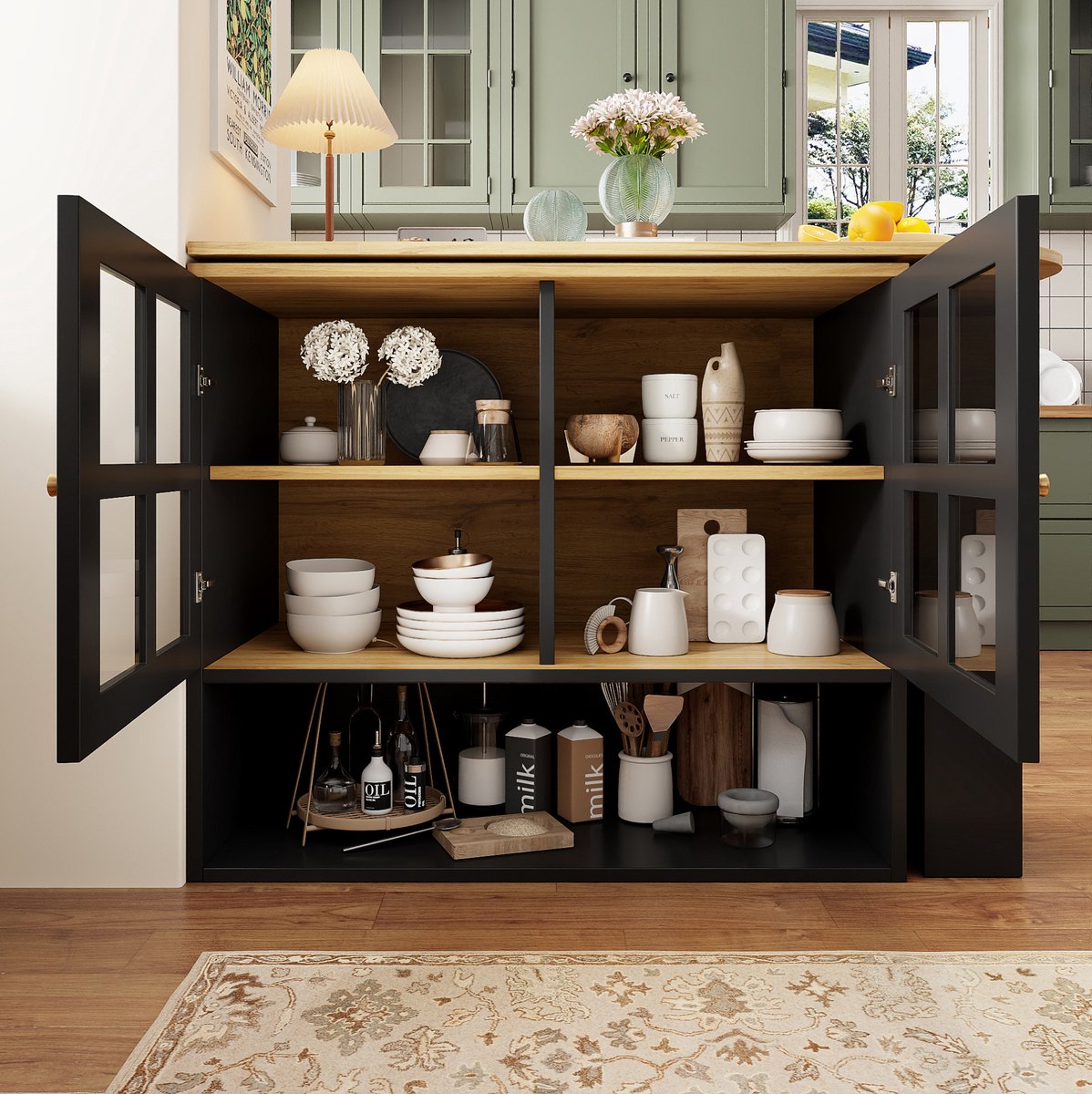 COVREO Dressoir 138x39x102,5 cm - uitbreidbaar, 360 graden draaibaar, glazen deuren, zwart
