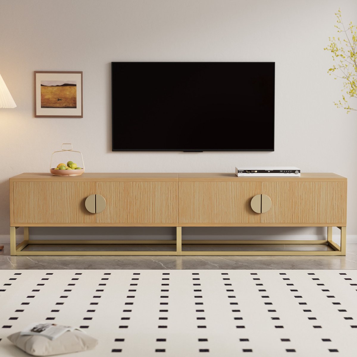 COVREO TV-meubel 180 x 40 x 40 cm - 4 deuren, houtkleur, soft-close, goudkleurige details