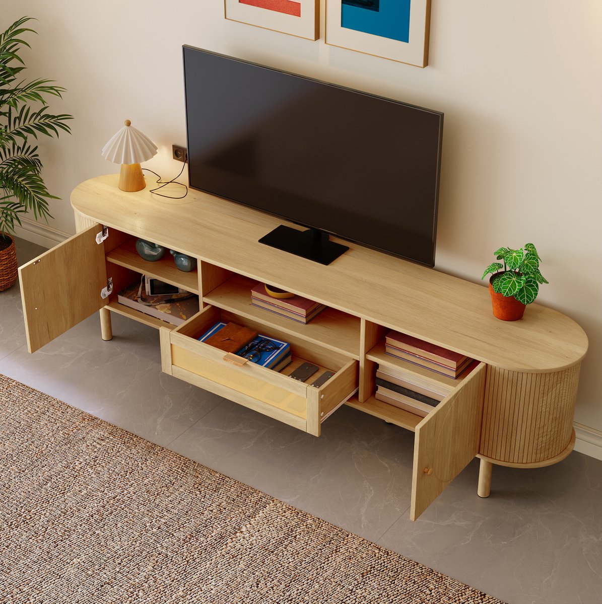 COVREO TV meubel 175 x 36 x 51 cm - met rattanlade, open vakken en kabeldoorvoer, Natural Naturel