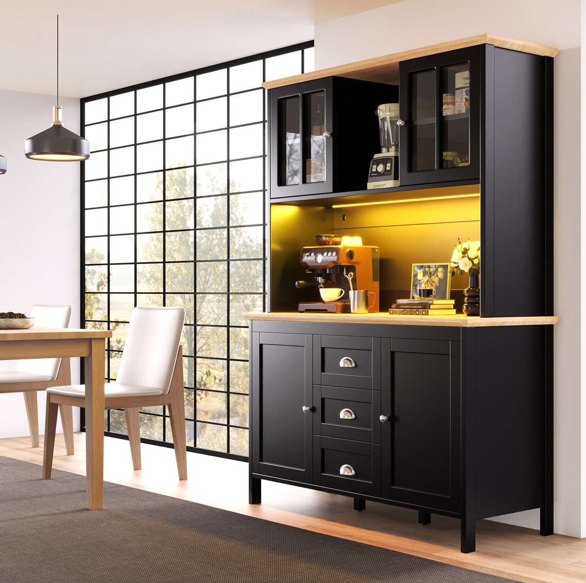 COVREO Keukenkast 120x40x179 cm - 4 deuren, 3 lades, LED-verlichting, zwart