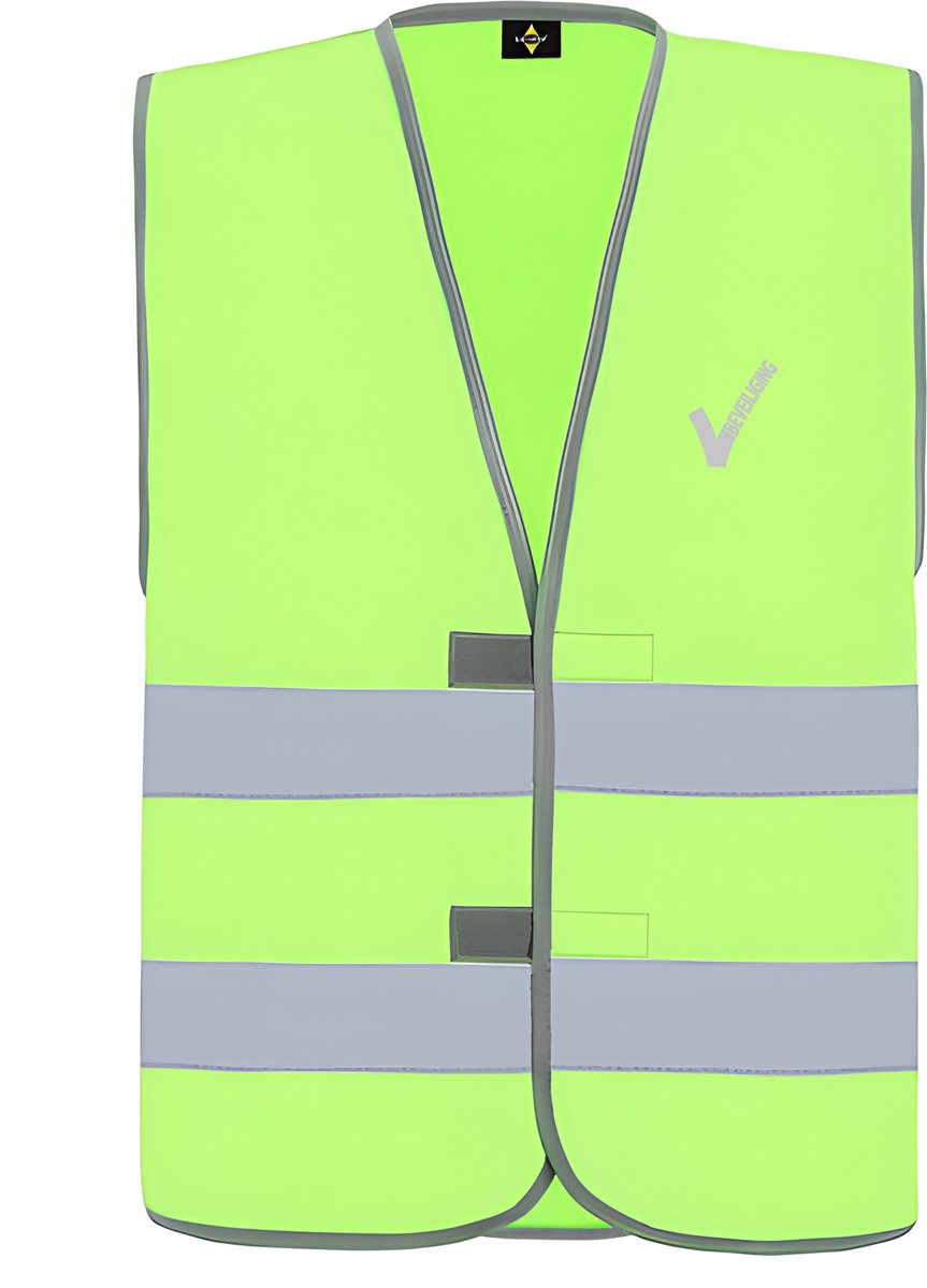 Neon Groen veiligheidshesje met reflecterende strepen EN met Beveiliging / Security met als borstlogo het bekende V-tje en als ruglogo SECURITY - voor PROFESSIONALS, merk ROLY Maat M / L