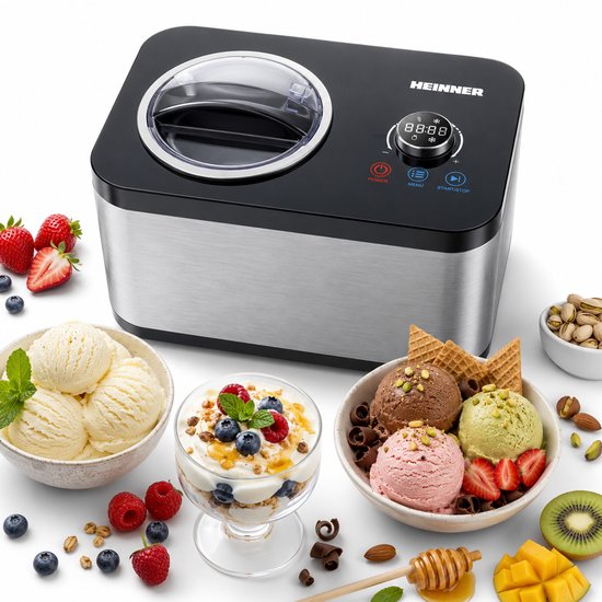 Heinner SweetFreeze IJsmachine - 120 W - 1,5 L - Ingebouwde Compressor - LED-display - Touchbediening & Draaiknop - IJs-, Yoghurt-, Meng- & Koelfunctie - Uitneembare IJskom - Zwart/RVS van Heinner — afbeelding 2