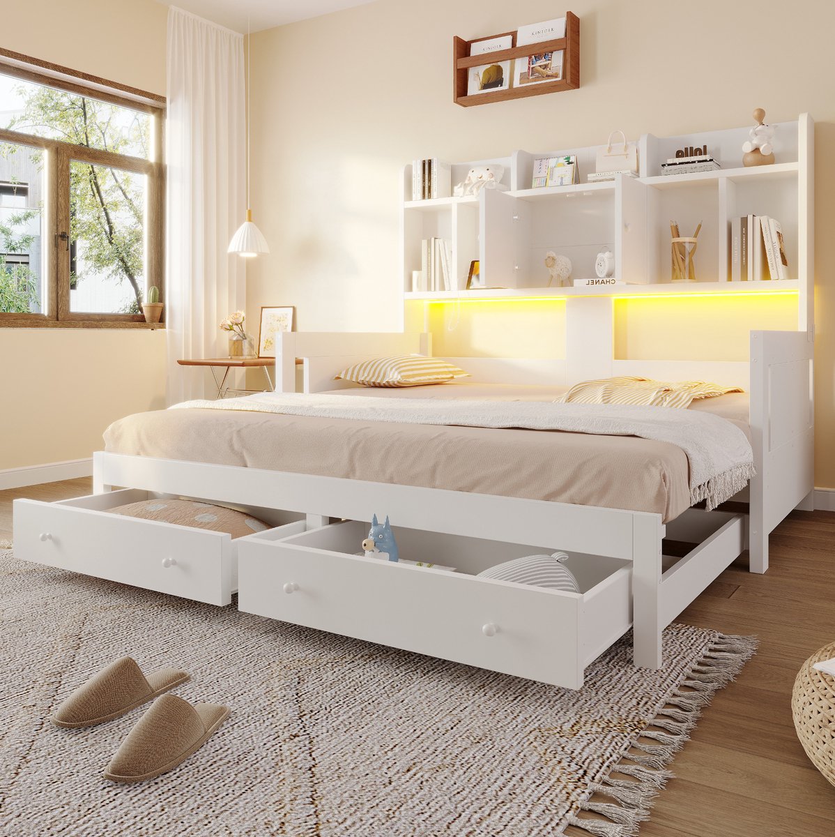 OKWISH Slaapbank 90x190 cm - Uitschuifbaar Tot 180x190 cm - Met Opbergruimte, Lades, Stopcontact en Ledverlichting - Zonder Matras - Hout - Wit