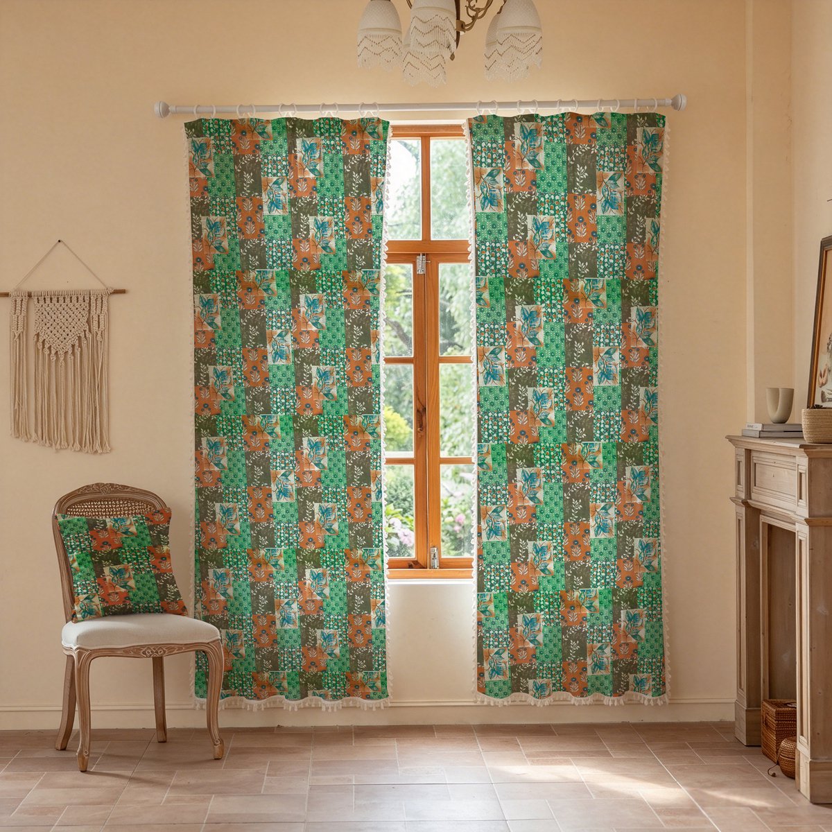 Boho-groene patchwork-gordijnen van polyester met bloemenprint en kwastjes, halfdoorzichtige patchwork-raamgordijnen met franjes