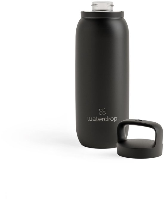 Zwarte waterfles van roestvrij staal met een mat oppervlak. De dop ligt ernaast. Waterdrop logo op de fles.