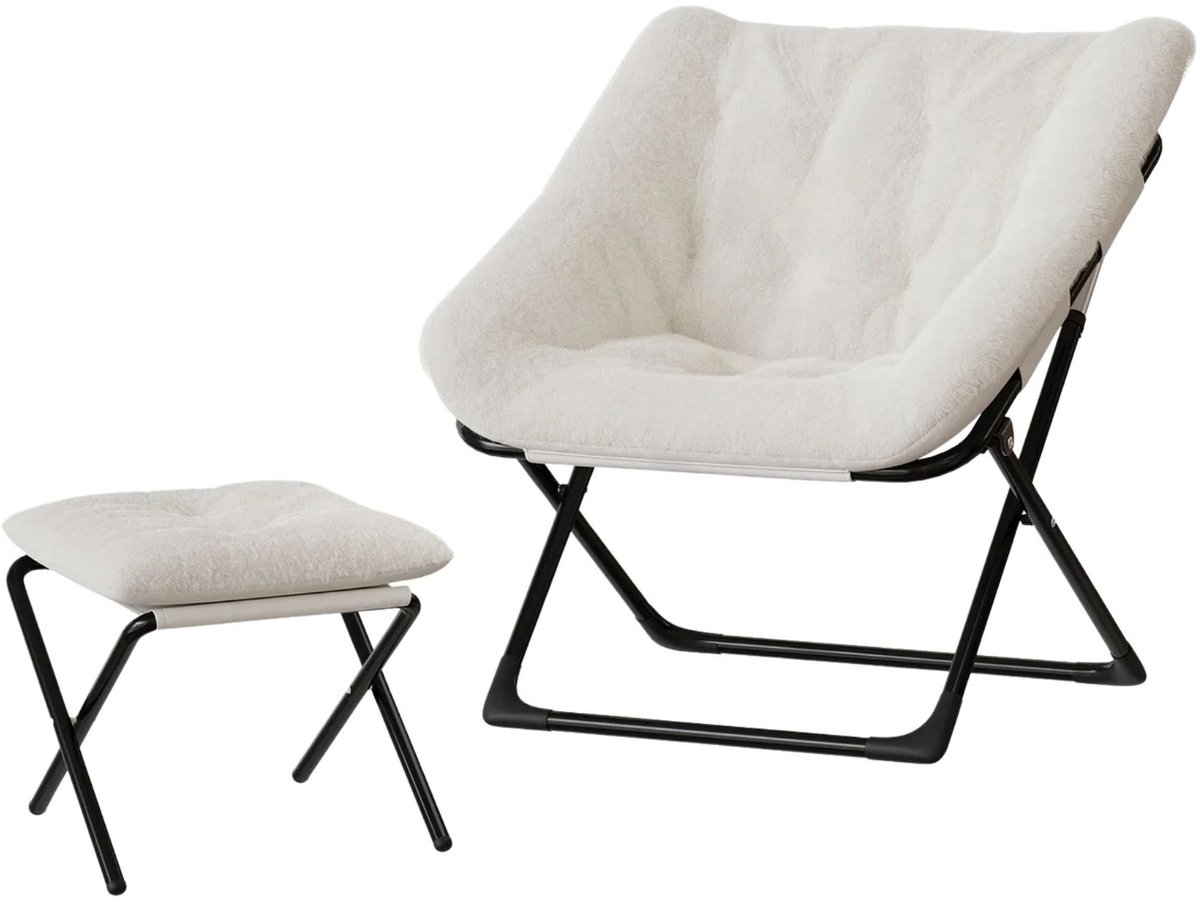 Loungestoel met Voetenbank - Opvouwbaar Oversized design - voor woonkamer en slaapkamer - Beige Kunstleer - Koffiebruin